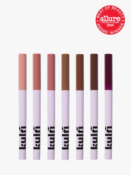 Kulfi Lassi Lips Staining Lip Liner in multiple branded components on a light gray background with the 2026 best of beauty seal in the top right corner