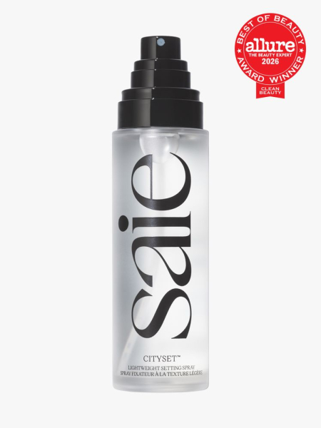 Saie CitySet Lightweight Setting Spray in branded component on a light gray background with the 2026 best of beauty seal in the top right corner
