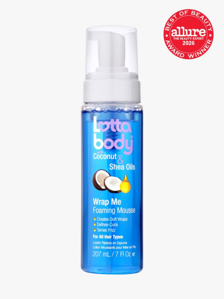 Lottabody Wrap Me Foaming Mousse in branded component on a light gray background with the 2026 best of beauty seal in the top right corner