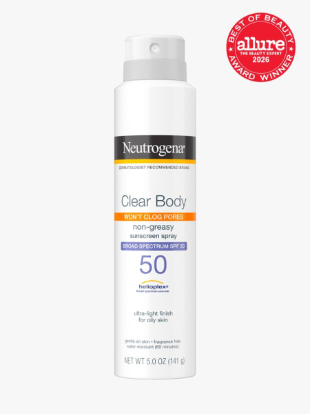 Neutrogena Clear Body Sunscreen Spray SPF 50 in branded component on a light gray background with the 2026 best of beauty seal in the top right corner
