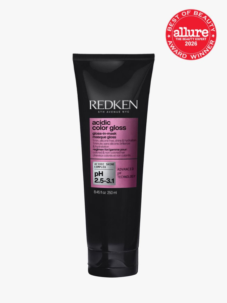 Redken Acidic Color Gloss Gloss-in-Mask in branded tube component on a light gray background with the 2026 best of beauty seal in the top right corner