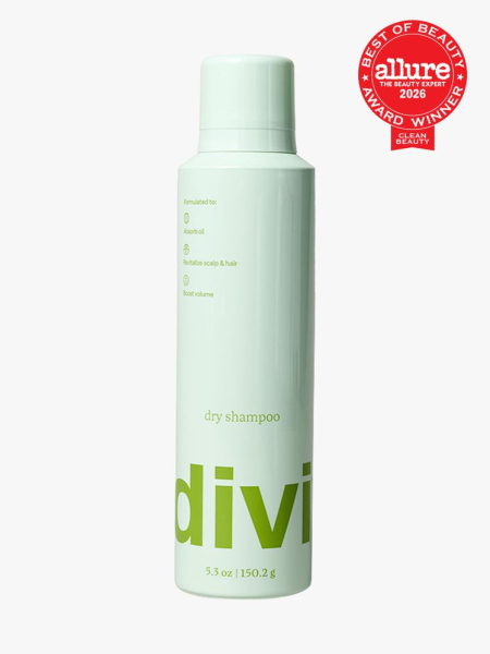 Divi Dry Shampoo in branded component on a light gray background with the 2026 best of beauty clean beauty seal in the top right corner