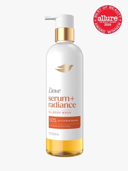 Dove Serum+ Radiance Oil Body Wash in branded bottle component on a light gray background with the 2026 best of beauty seal in the top right corner